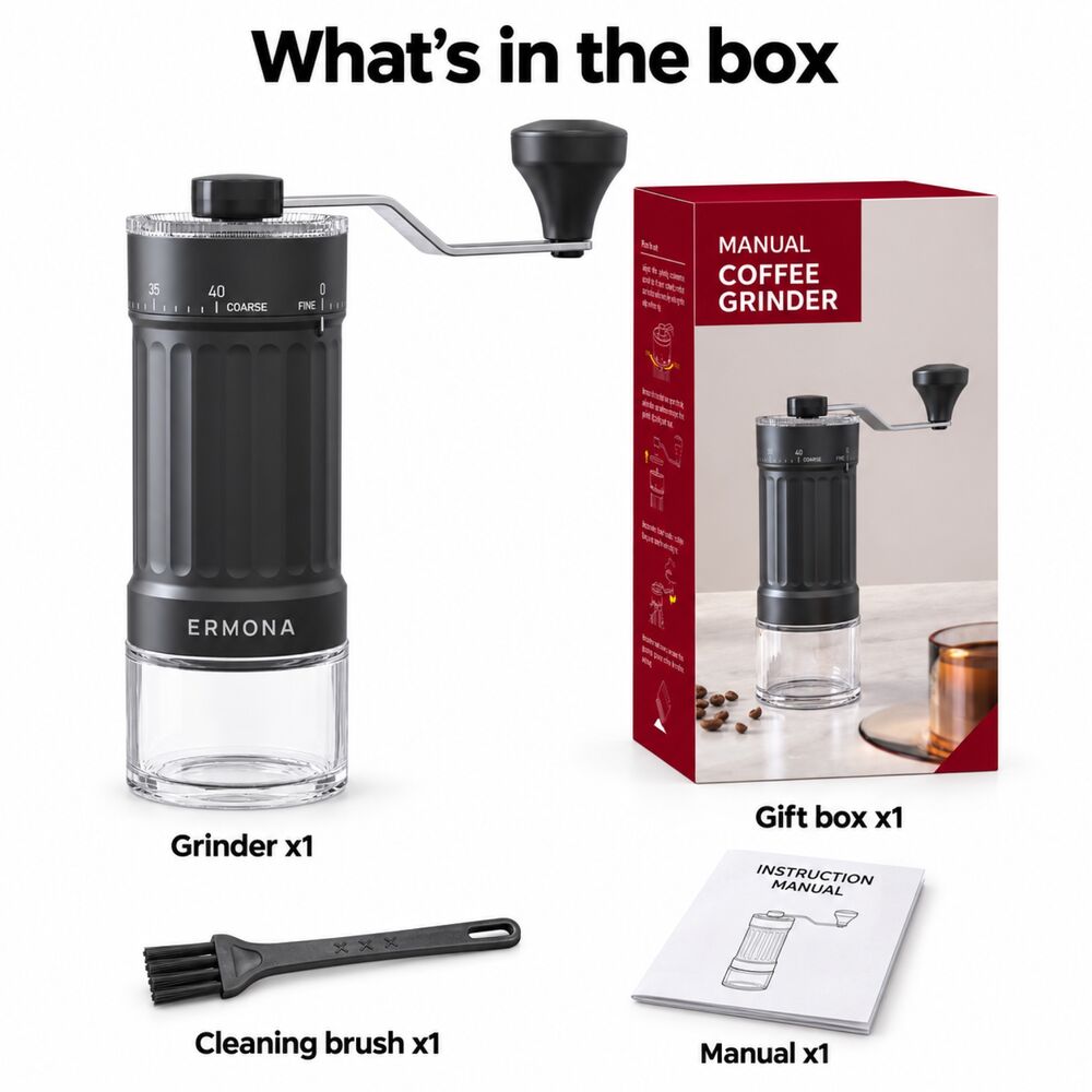 What is in the Ermona manual grinder box: the grinder, a cleaning brush, the instruction manual and the gift box.