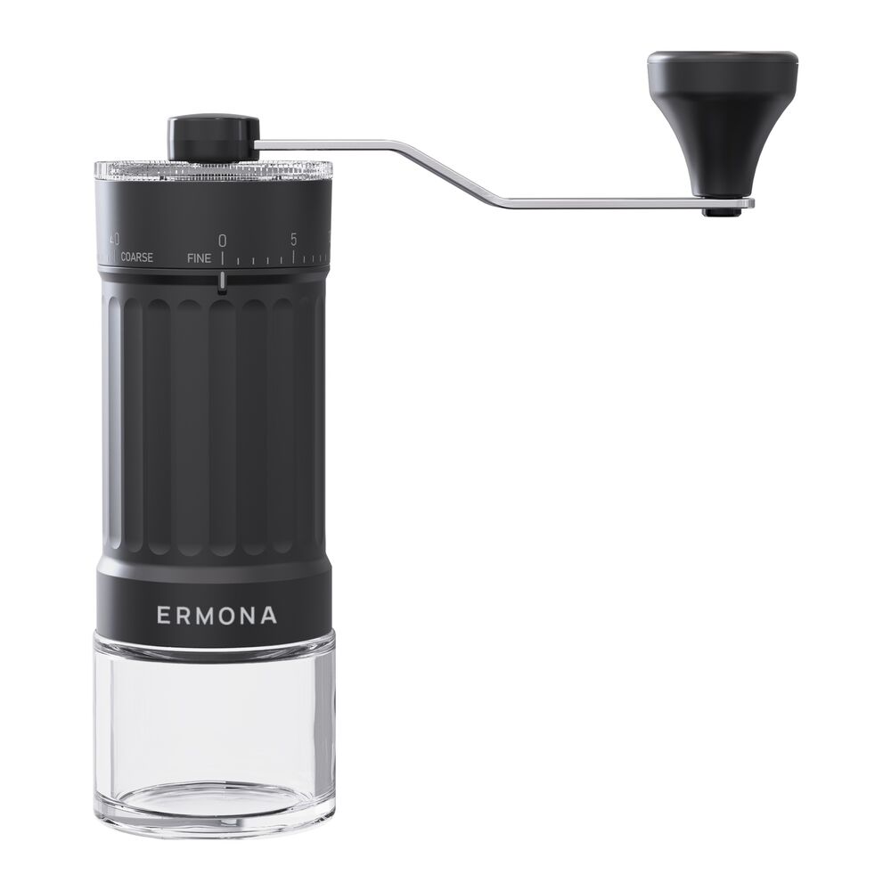 The black Ermona manual coffee grinder on white, with its crank handle, numbered grind dial, ERMONA band and clear glass jar.