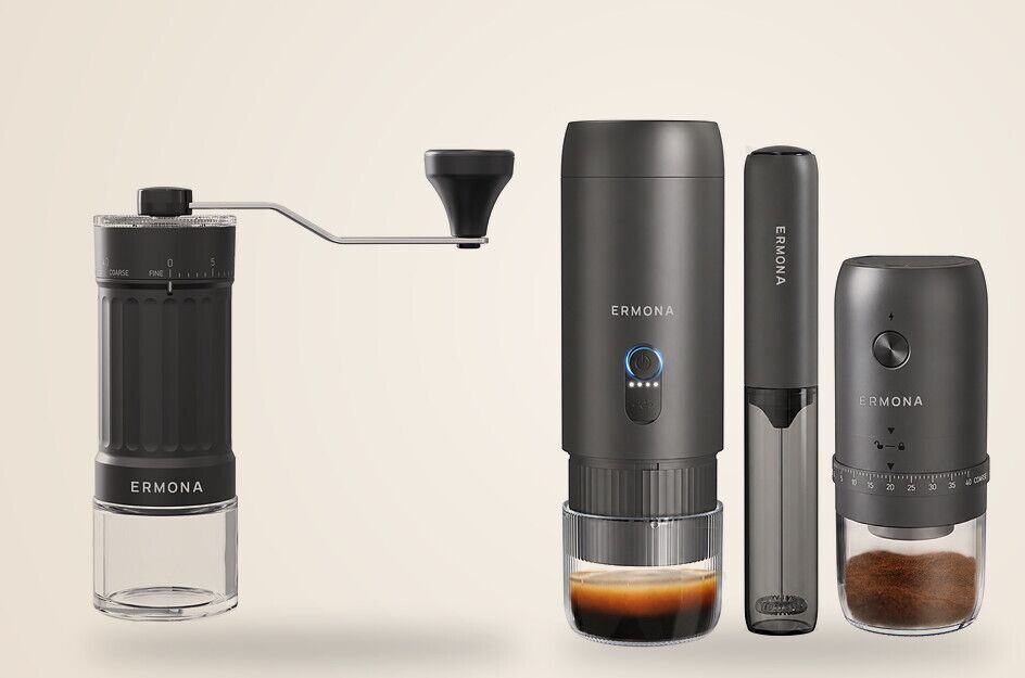 The Ermona range: the manual coffee grinder beside the portable espresso maker, milk frother and electric grinder from the gift set, all with the ERMONA wordmark.