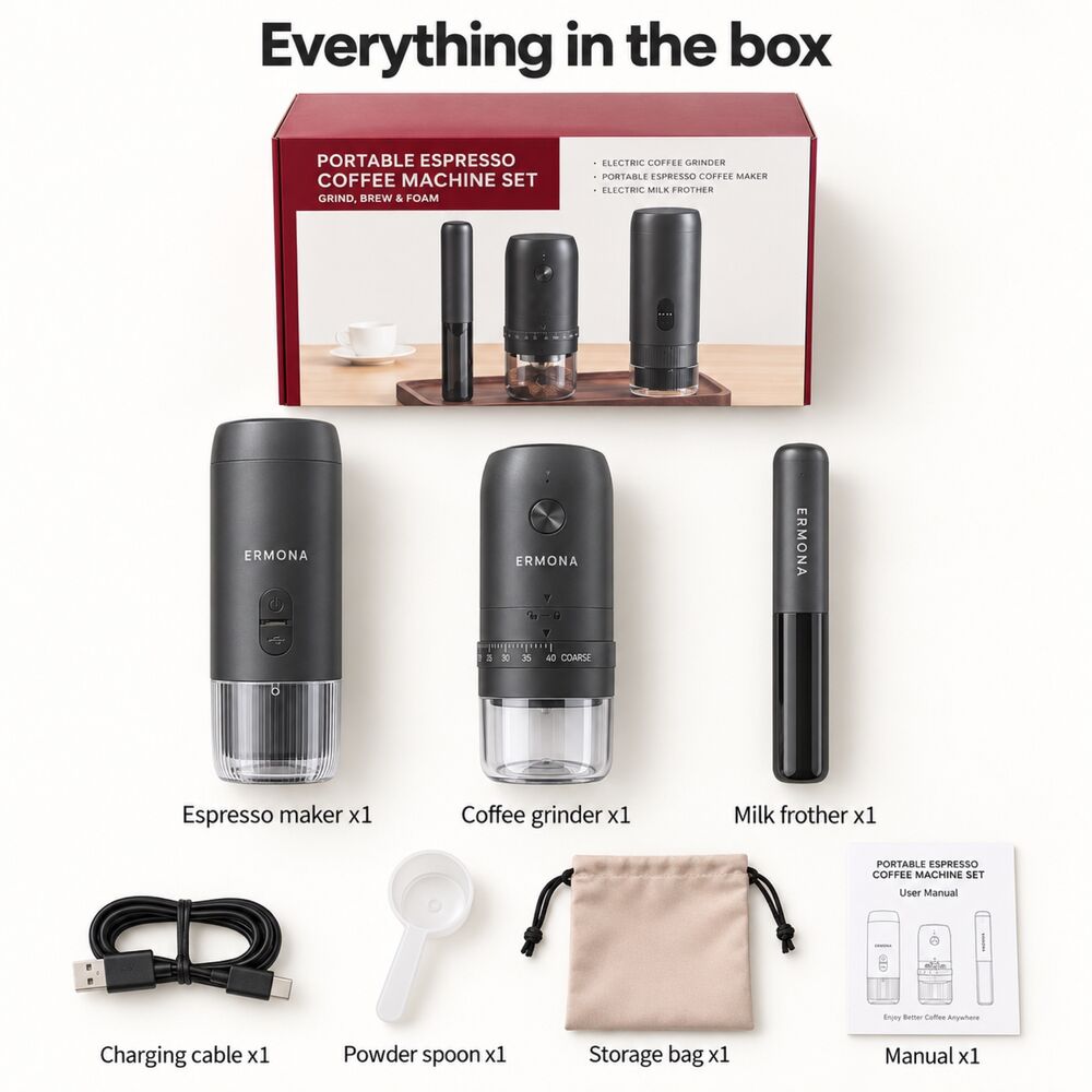 Everything in the Ermona gift set box: espresso maker, coffee grinder, milk frother, charging cable, powder spoon, storage bag and manual, in front of the gift box.