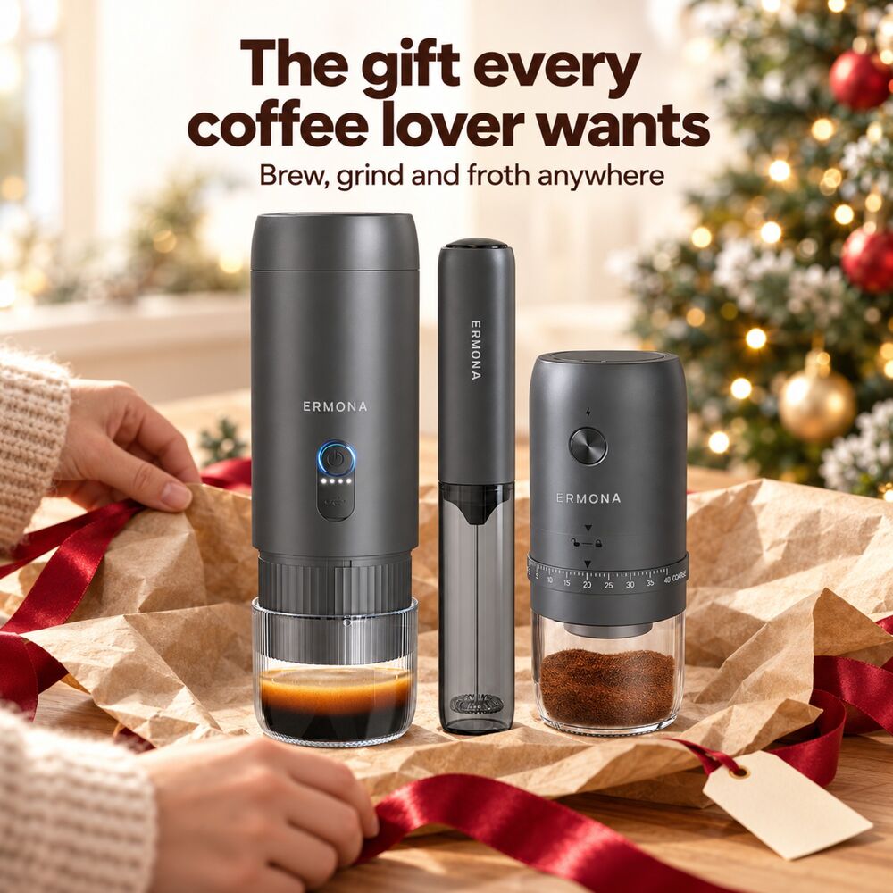 The Ermona espresso maker, electric grinder and milk frother on kraft gift wrap with a red ribbon, ready to give.