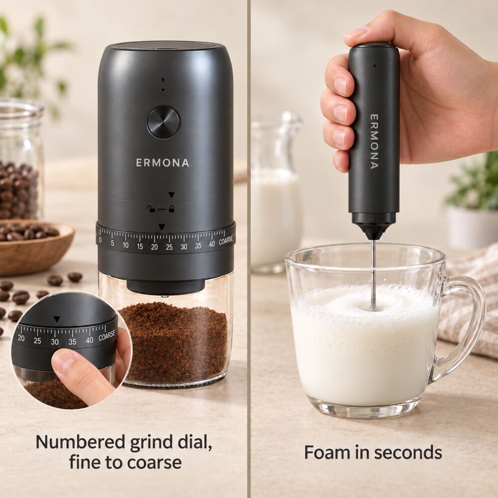 Two panels: a hand turning the numbered grind dial on the Ermona electric grinder, and the Ermona milk frother foaming milk in a glass jug.