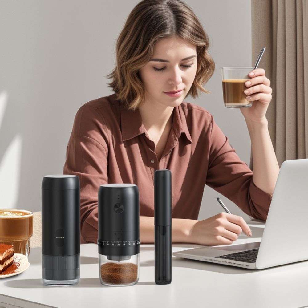 A woman working at a laptop with a glass of espresso in hand, the Ermona set beside her on the desk.