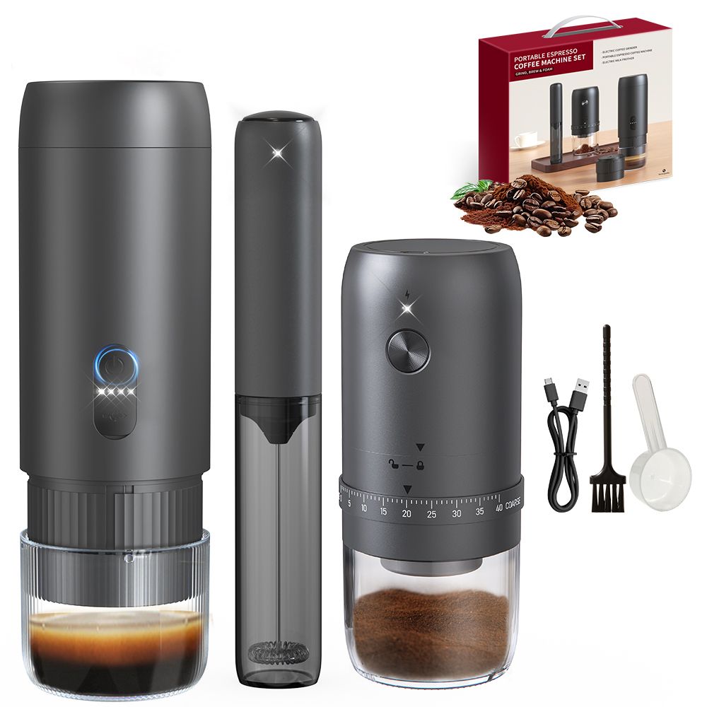 The three pieces of the Ermona espresso set: espresso maker, electric burr grinder and milk frother.